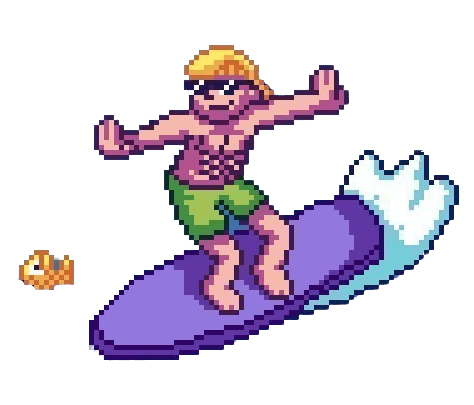 Pixel art surfer riding a purple wave